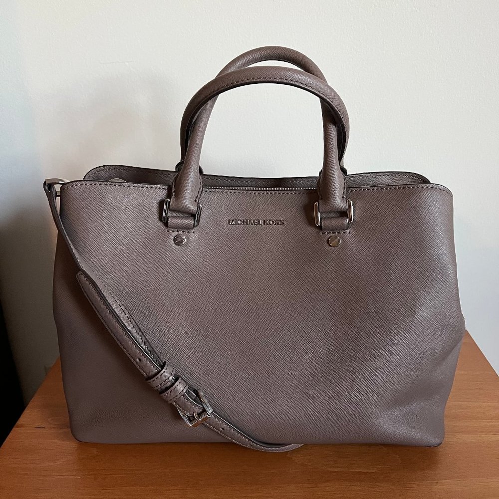 Michael Kors Savannah Lg Satchel Handbag in Saffiano Leather color "Cinder"